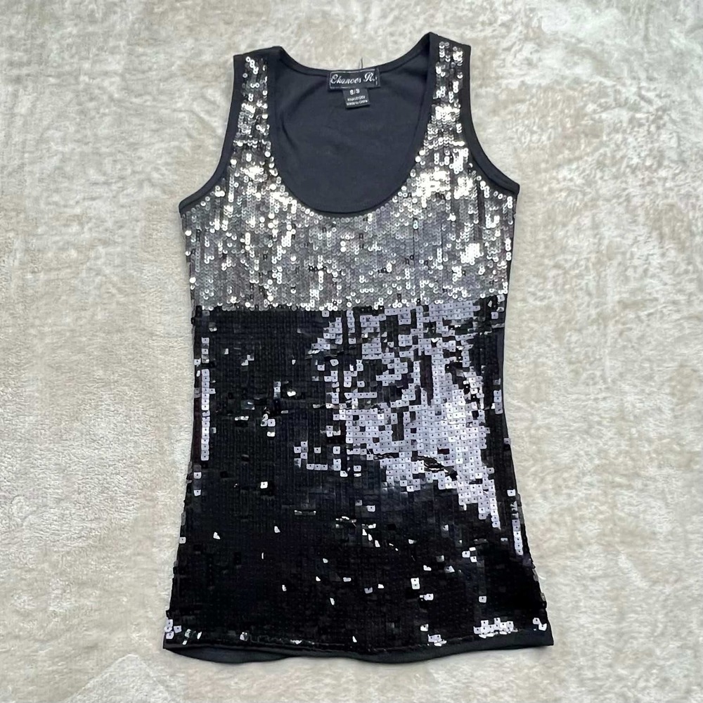 EUC Chances R Women's Sequin Tank Top Silver Black Ombre Scoop Neck Ribbed Y2K S
